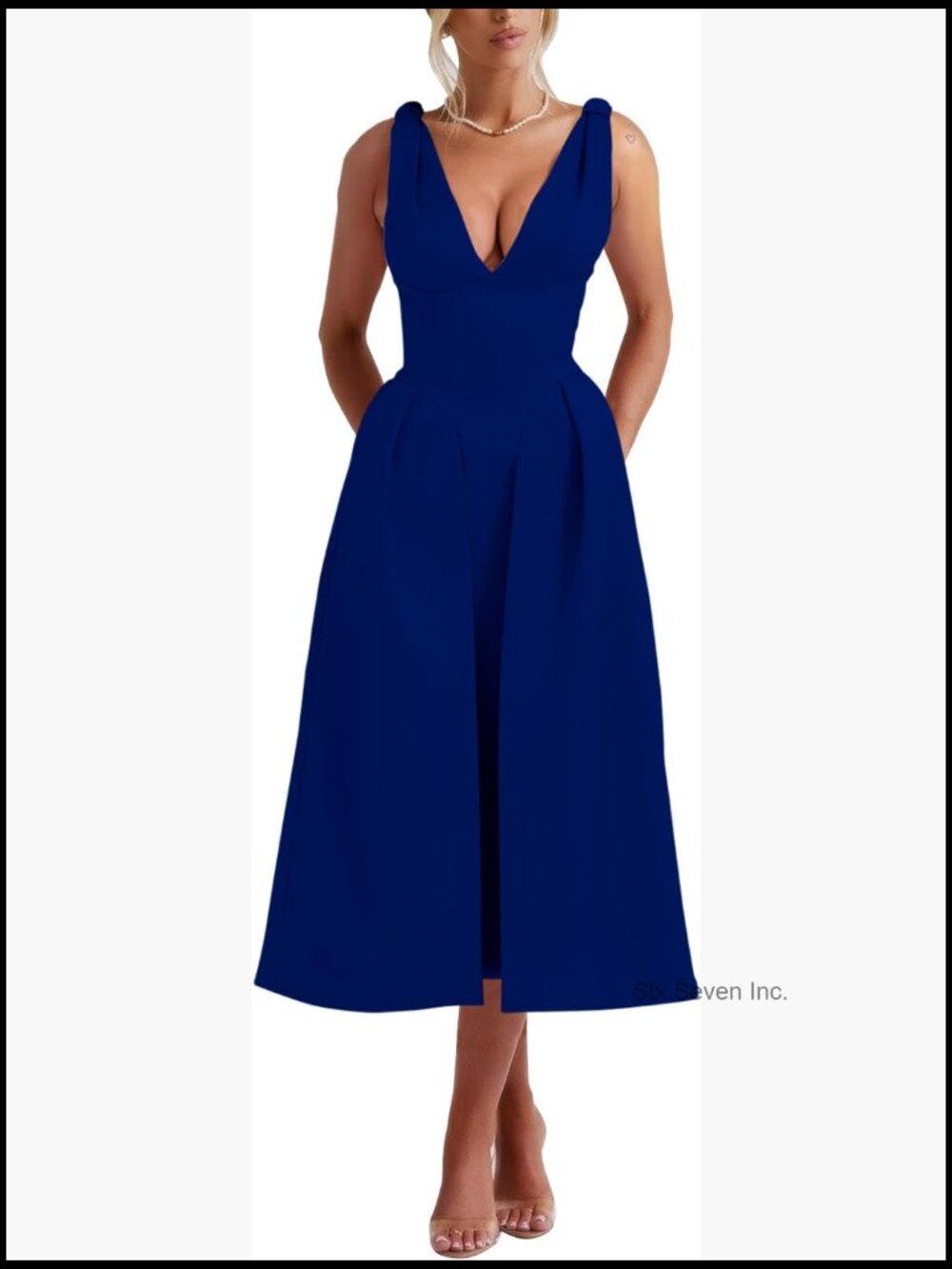 Sleeveless Deep V Neck A-Line Swing Maxi Dress 95% Polyamide 5% Elastane